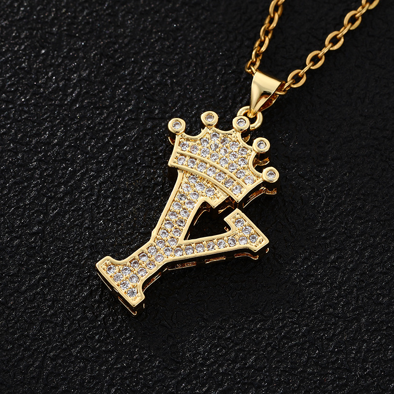 26 New English Women's Letter Fashion Crown Pendant Necklace Stainless Steel Chain Zircon Letter Pendant Jewelry