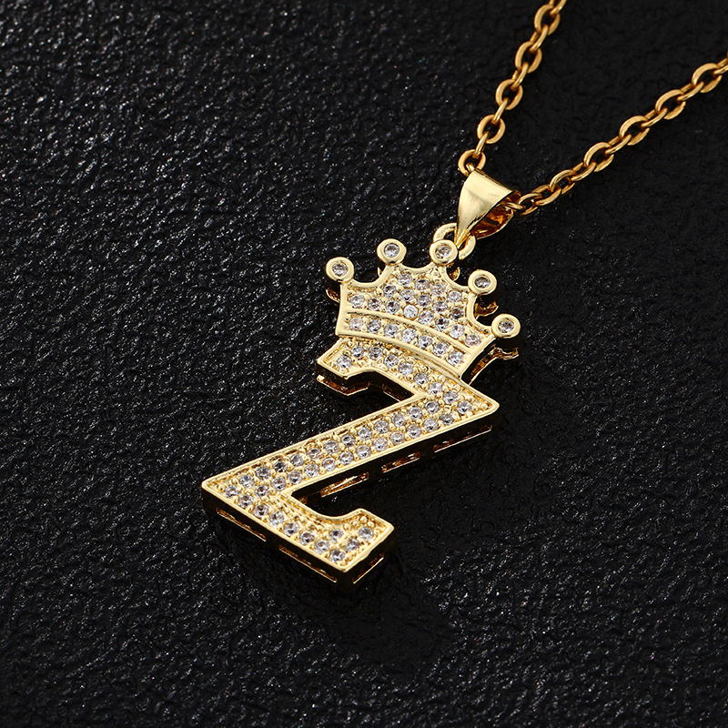 26 New English Women's Letter Fashion Crown Pendant Necklace Stainless Steel Chain Zircon Letter Pendant Jewelry