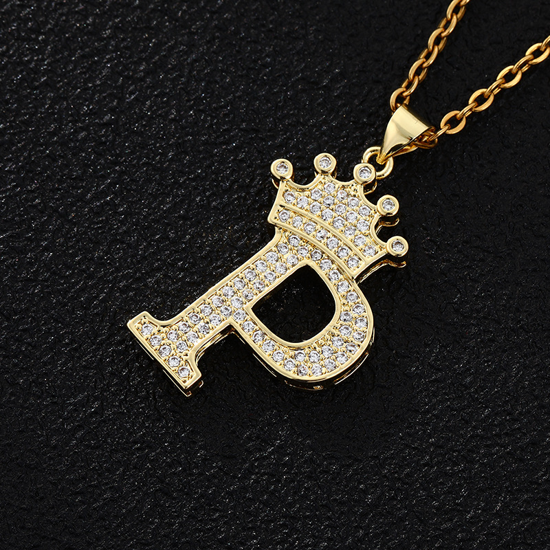 26 New English Women's Letter Fashion Crown Pendant Necklace Stainless Steel Chain Zircon Letter Pendant Jewelry