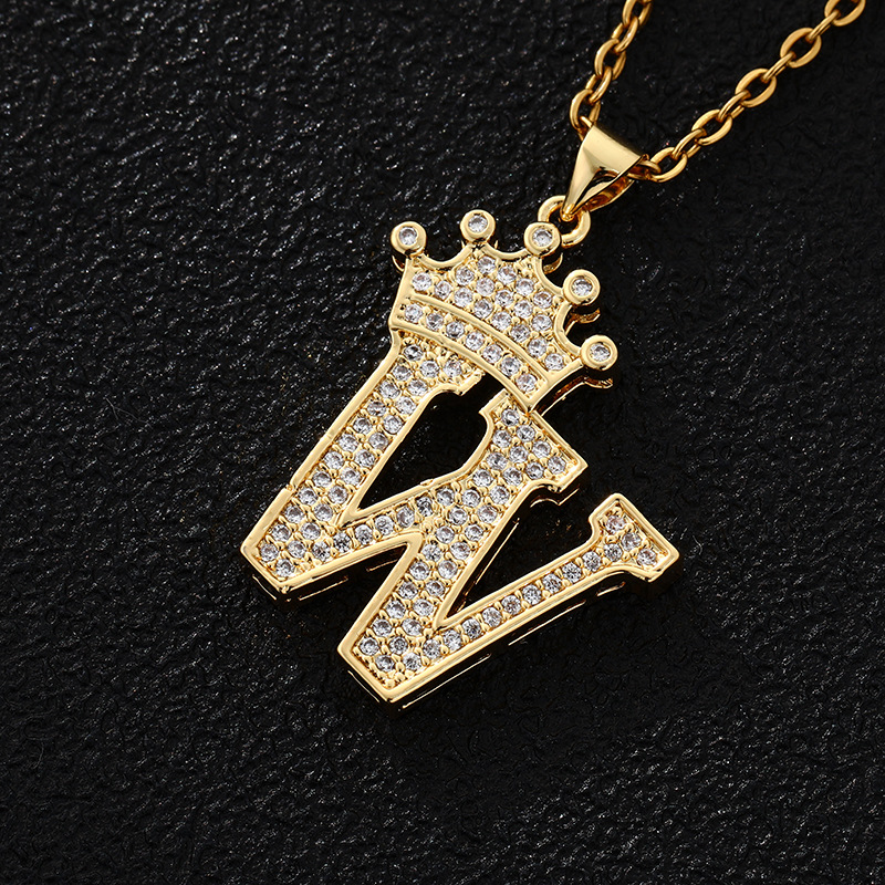 26 New English Women's Letter Fashion Crown Pendant Necklace Stainless Steel Chain Zircon Letter Pendant Jewelry