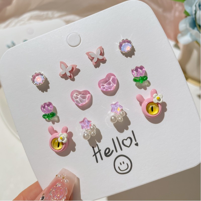 Autumn And Winter New Colorful Small Earrings 925 Advanced Sense Set Fresh And Cute Cartoon Versatile Girl Earrings Wholesale