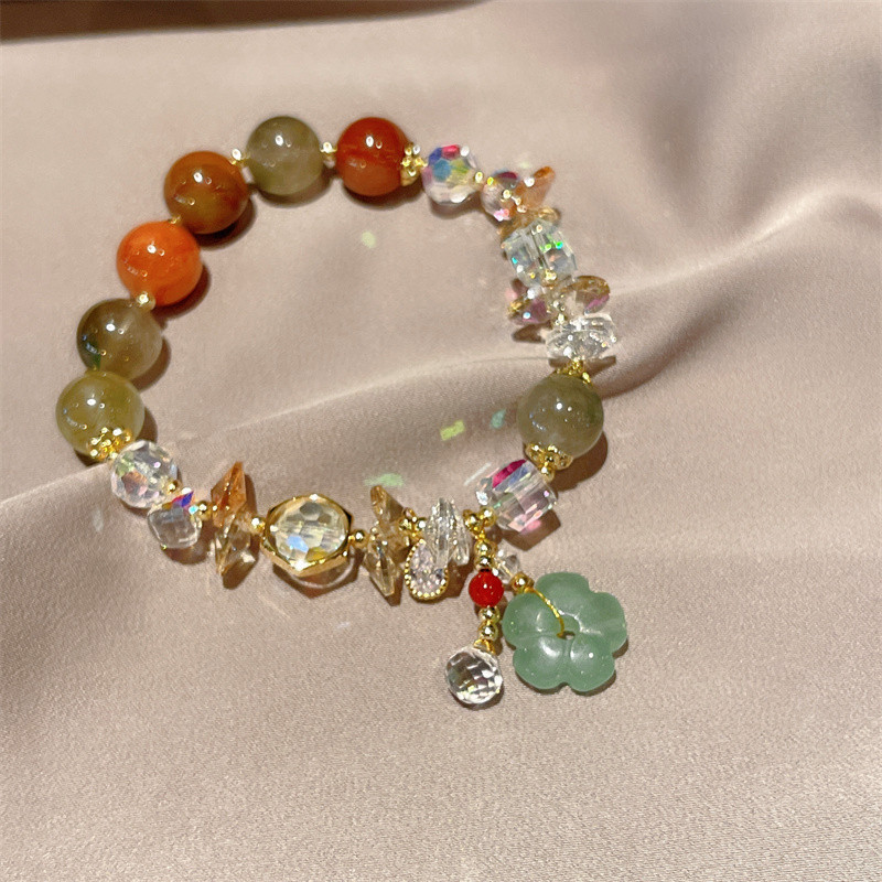 A Niche Design Tomato Crystal Contrast Bracelet With Luxurious Heavy Industry Jade Flowers, Dazzling Bracelets, And Fresh Jewelry