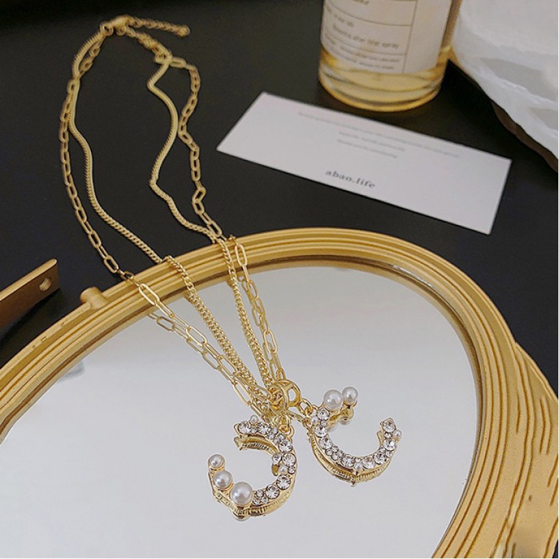 South Korea Double C Small Fragrance Pearl Fashion Versatile Necklace Small Design Women's Double Layer Snake Bone Chain Neckchain Accessories