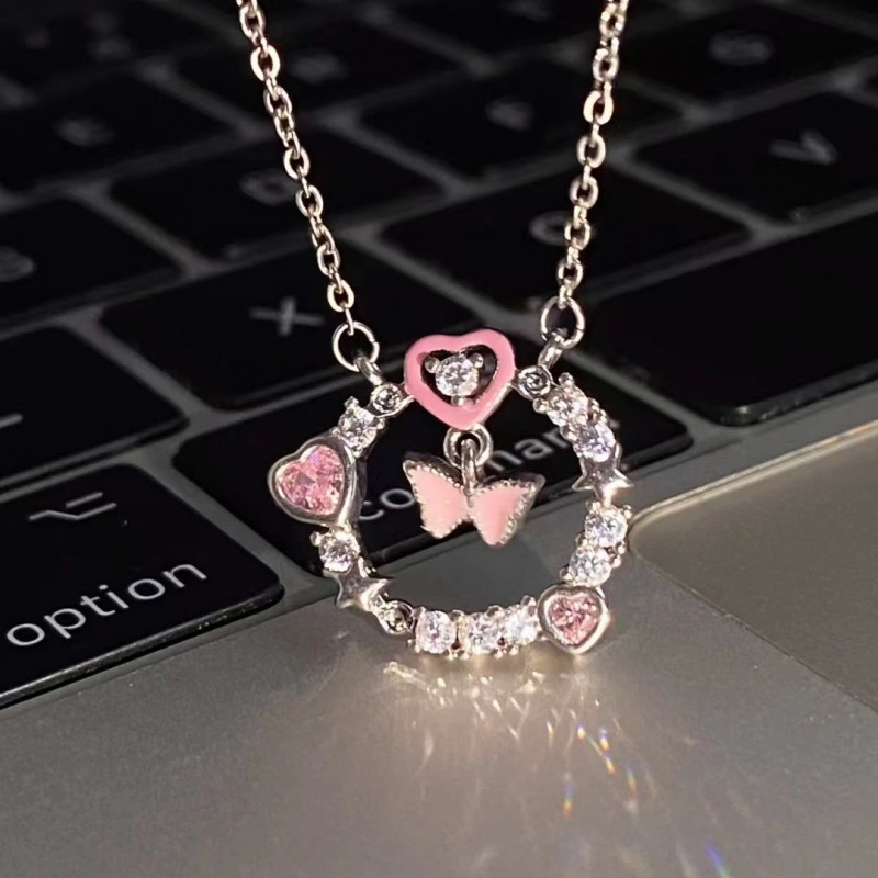 Love Pink Diamond Butterfly Necklace INS Student Female Light Luxury Small Crowd Spring Butterfly Dream Collar Chain 2023 New