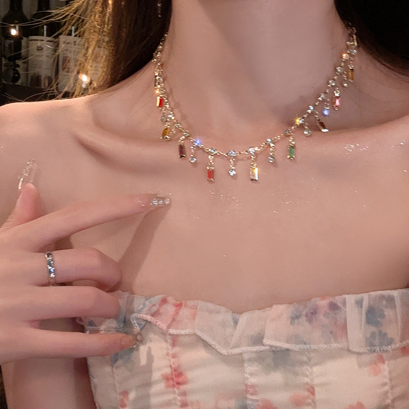 Summer Style~Rainbow Tassel Zircon Necklace, Women's Light Luxury, Small And Popular Design, Advanced Neck Chain, Bone Chain