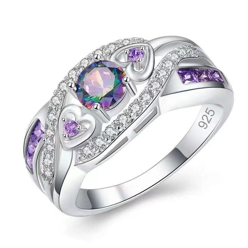 Cross Border Hot Selling Amethyst Love Ring With Diamond Inlaid Colored Zircon Wedding Ring, European And American Women's Wedding Ring Jewelry